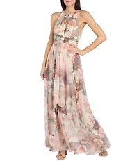 R & M Richards Petite Size Halter Neck Floral Print Chiffon Long Dress