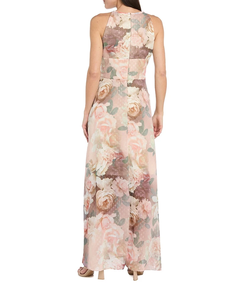 R & M Richards Petite Size Halter Neck Floral Print Chiffon Long Dress
