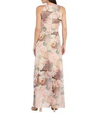 R & M Richards Petite Size Halter Neck Floral Print Chiffon Long Dress