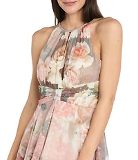 R & M Richards Petite Size Halter Neck Floral Print Chiffon Long Dress