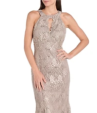 R & M Richards Petite Size Keyhole Neck Glitter Lace Scalloped Bodice Mermaid Gown