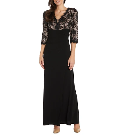 R & M Richards Petite Size Lace Bodice Side Ruched Long Gown