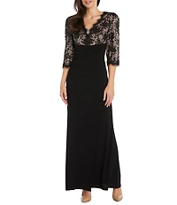 R & M Richards Petite Size Lace Bodice Side Ruched Long Gown