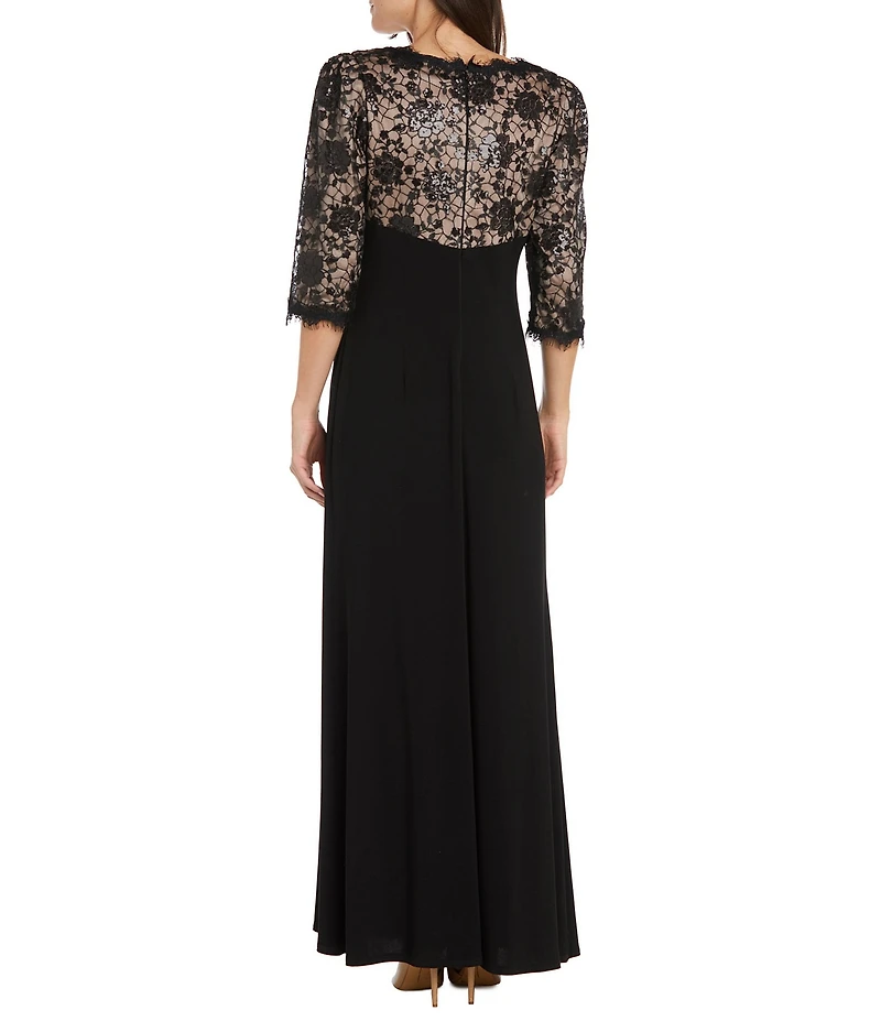 R & M Richards Petite Size Lace Bodice Side Ruched Long Gown