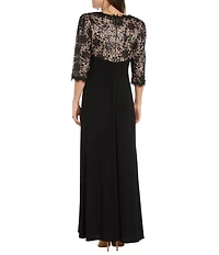 R & M Richards Petite Size Lace Bodice Side Ruched Long Gown