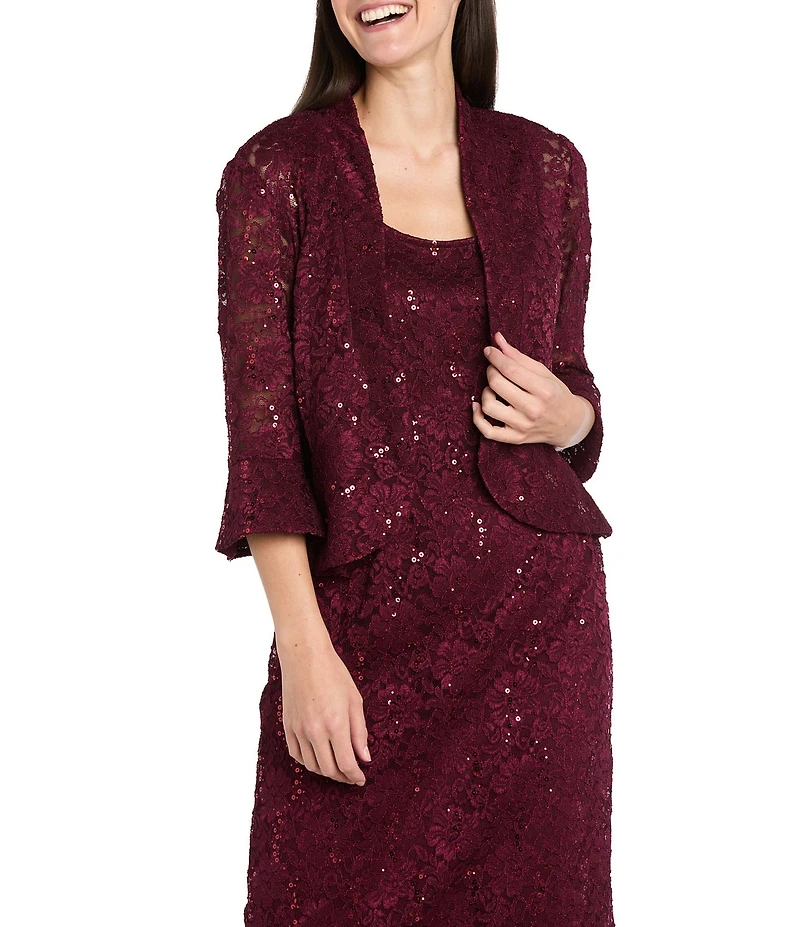 R & M Richards Petite Size Lace Scallop Trim 3/4 Sleeve Jacket Midi Dress