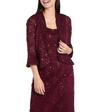 R & M Richards Petite Size Lace Scallop Trim 3/4 Sleeve Jacket Midi Dress