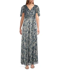 R & M Richards Petite Size Leaf Printed Metallic Foil Sheer Knit Short Flutter Sleeve Gown