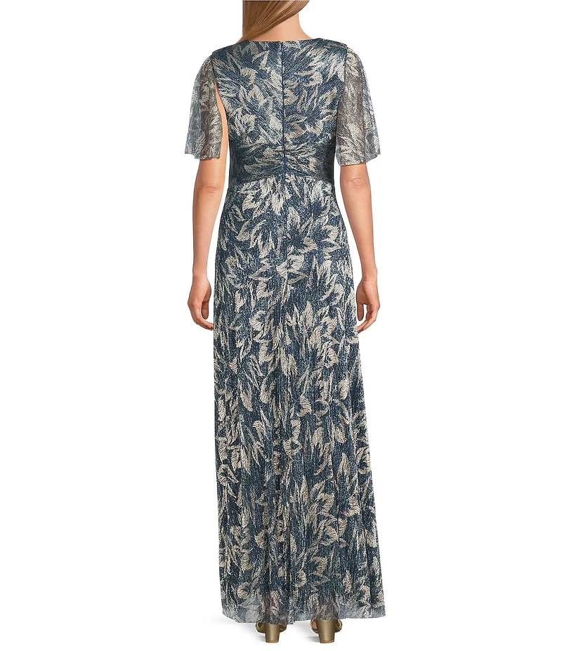 R & M Richards Petite Size Leaf Printed Metallic Foil Sheer Knit Short Flutter Sleeve Gown
