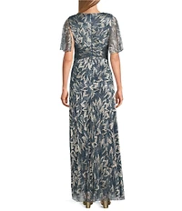 R & M Richards Petite Size Leaf Printed Metallic Foil Sheer Knit Short Flutter Sleeve Gown