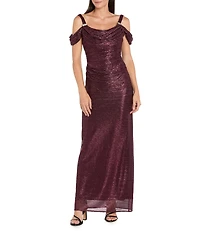 R & M Richards Petite Size Long Crinkle Pleated Dress With Cowl Neckline And Cold Shoulder