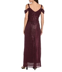 R & M Richards Petite Size Long Crinkle Pleated Dress With Cowl Neckline And Cold Shoulder