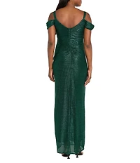 R & M Richards Petite Size Long Crinkle Pleated Dress With Cowl Neckline And Cold Shoulder