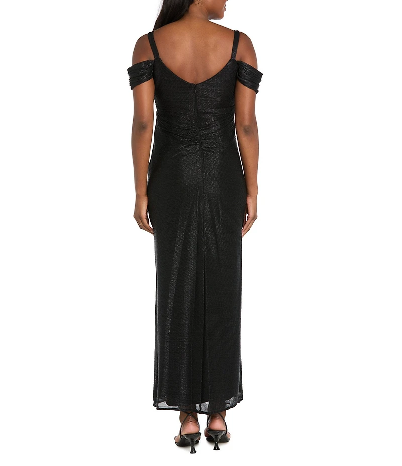 R & M Richards Petite Size Long Crinkle Pleated Dress With Cowl Neckline And Cold Shoulder