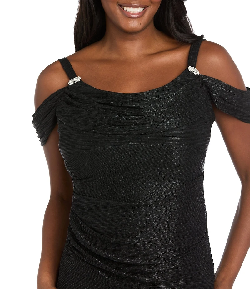 R & M Richards Petite Size Long Crinkle Pleated Dress With Cowl Neckline And Cold Shoulder