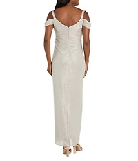 R & M Richards Petite Size Long Crinkle Pleated Dress With Cowl Neckline And Cold Shoulder