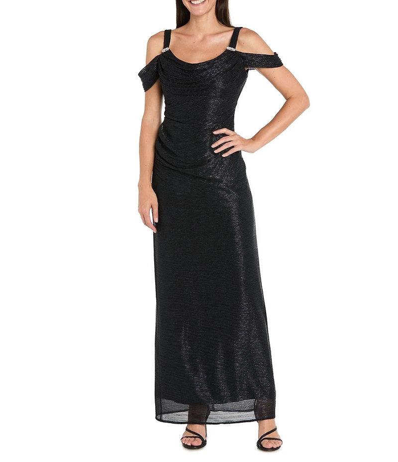 R & M Richards Petite Size Long Crinkle Pleated Dress With Cowl Neckline And Cold Shoulder