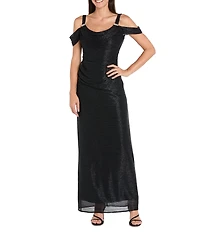 R & M Richards Petite Size Long Crinkle Pleated Dress With Cowl Neckline And Cold Shoulder