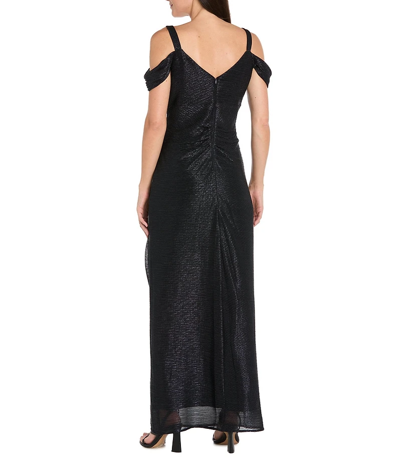 R & M Richards Petite Size Long Crinkle Pleated Dress With Cowl Neckline And Cold Shoulder