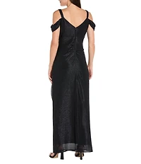 R & M Richards Petite Size Long Crinkle Pleated Dress With Cowl Neckline And Cold Shoulder