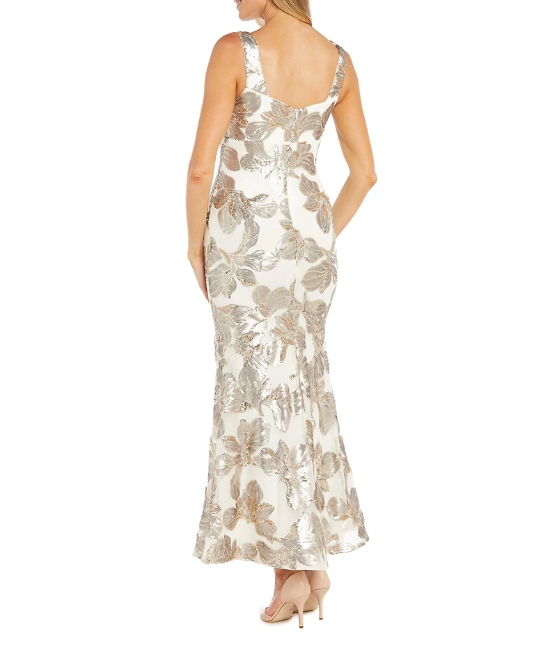 R & M Richards Petite Size Long Matte Floral Pattern Sequin Dress