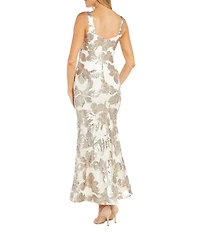 R & M Richards Petite Size Long Matte Floral Pattern Sequin Dress