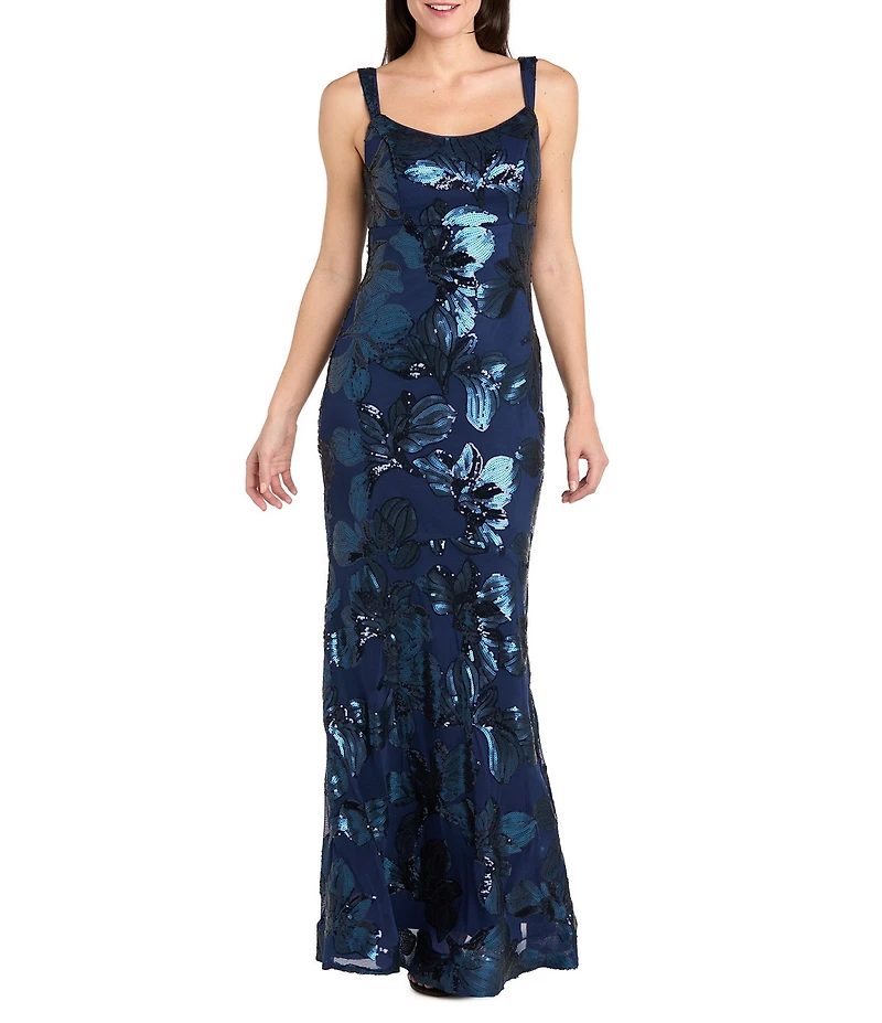 R & M Richards Petite Size Long Matte Floral Pattern Sequin Dress