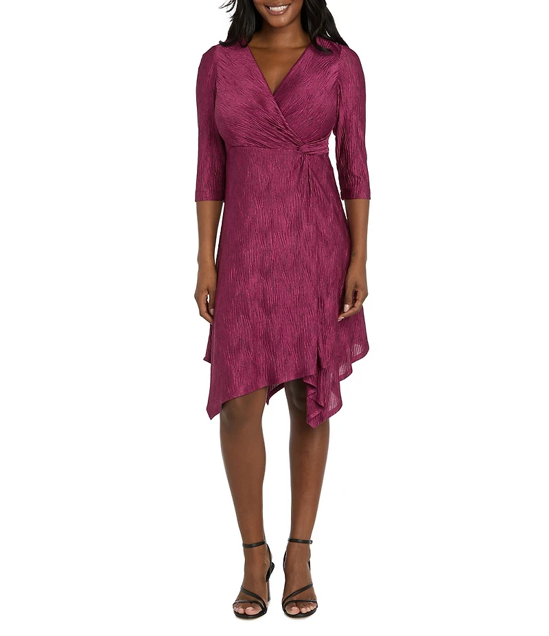 R & M Richards Petite Size Marled Pleated Knit V-Neck 3/4 Sleeve Hanker Chief Hem Faux Wrap Dress