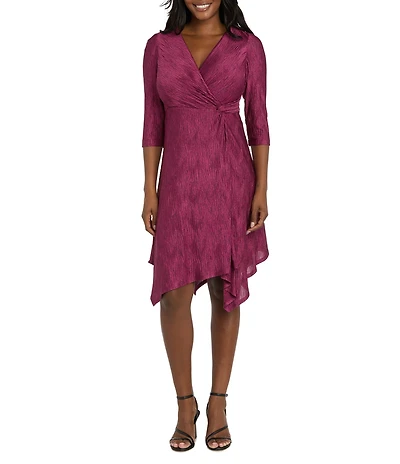 R & M Richards Petite Size Marled Pleated Knit V-Neck 3/4 Sleeve Hanker Chief Hem Faux Wrap Dress