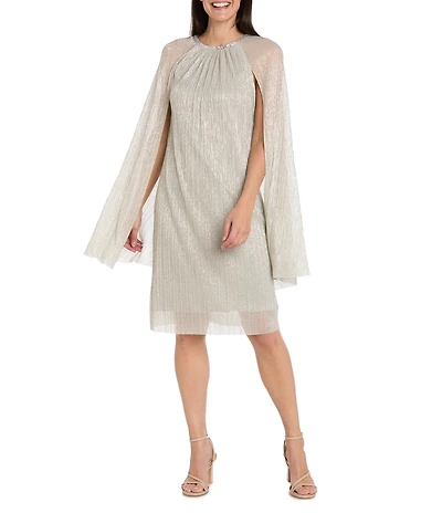 R & M Richards Petite Size Metallic Festival Crinkle Round Rhinestone Neckline Capelet Sleeve Sheath Dress