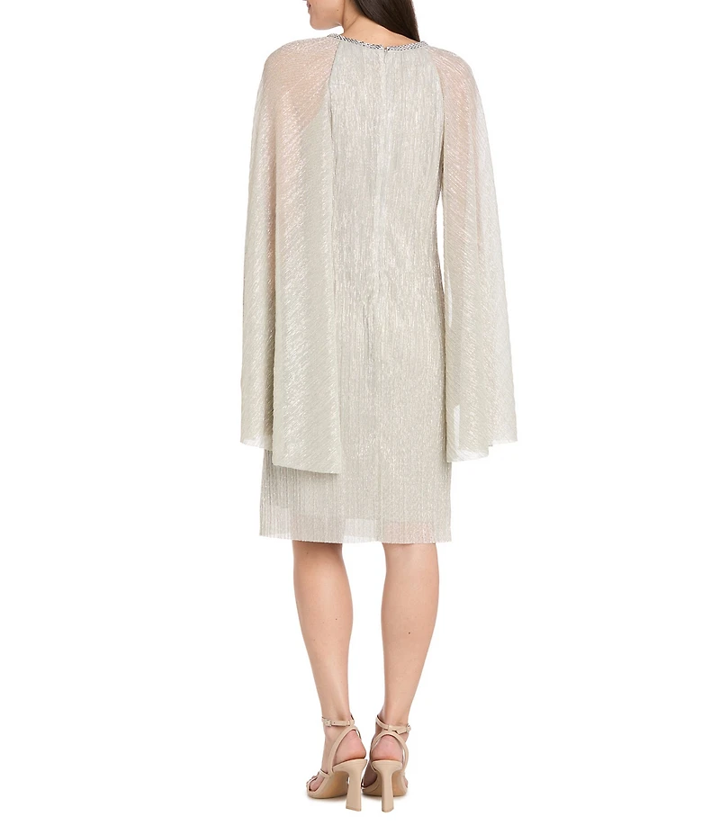 R & M Richards Petite Size Metallic Festival Crinkle Round Rhinestone Neckline Capelet Sleeve Sheath Dress