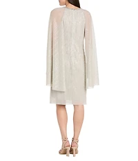 R & M Richards Petite Size Metallic Festival Crinkle Round Rhinestone Neckline Capelet Sleeve Sheath Dress