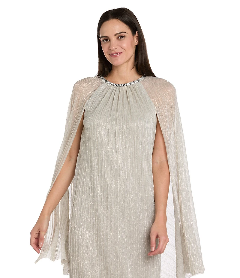 R & M Richards Petite Size Metallic Festival Crinkle Round Rhinestone Neckline Capelet Sleeve Sheath Dress
