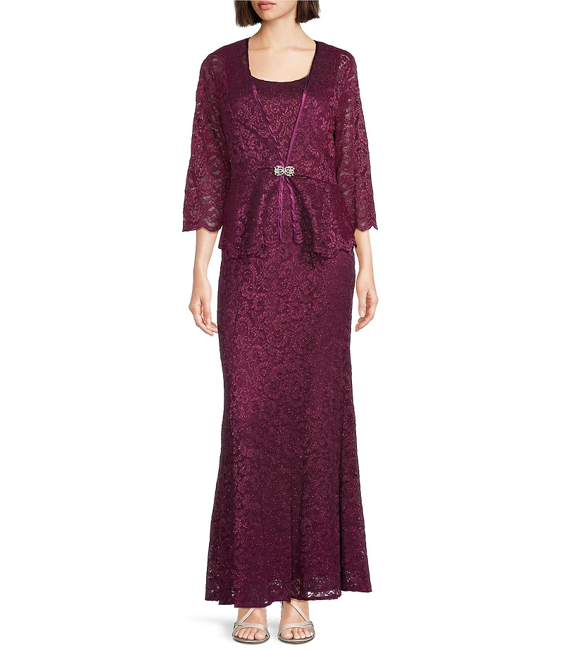 R & M Richards Petite Size Scallop Lace Charmeuse Metallic Mermaid Jacket Dress