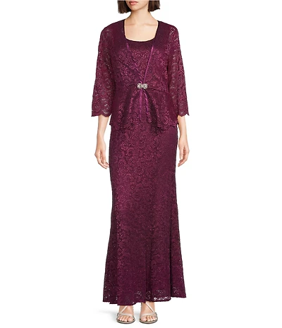 R & M Richards Petite Size Scallop Lace Charmeuse Metallic Mermaid Jacket Dress