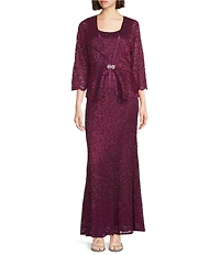 R & M Richards Petite Size Scallop Lace Charmeuse Metallic Mermaid Jacket Dress
