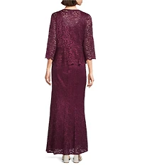 R & M Richards Petite Size Scallop Lace Charmeuse Metallic Mermaid Jacket Dress