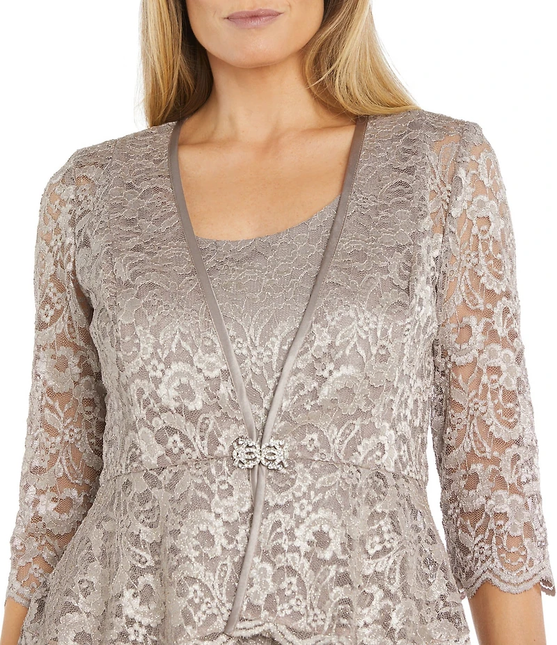 R & M Richards Petite Size Scallop Lace Charmeuse Metallic Mermaid Jacket Dress