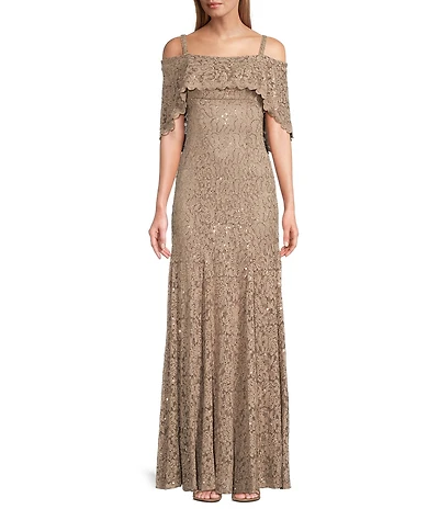R & M Richards Petite Size Off-The-Shoulder Short Sleeve Sequin Lace Mermaid Gown