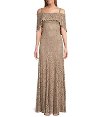 R & M Richards Petite Size Off-The-Shoulder Short Sleeve Sequin Lace Mermaid Gown