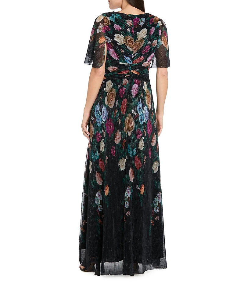 R & M Richards Petite Size Pleated Foil Print Short Flutter Sleeve Sheer Crinkle Front Wrap Long Dress