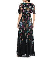 R & M Richards Petite Size Pleated Foil Print Short Flutter Sleeve Sheer Crinkle Front Wrap Long Dress