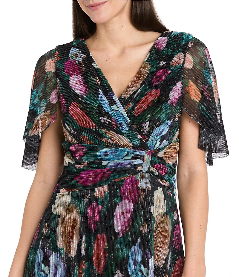 R & M Richards Petite Size Pleated Foil Print Short Flutter Sleeve Sheer Crinkle Front Wrap Long Dress