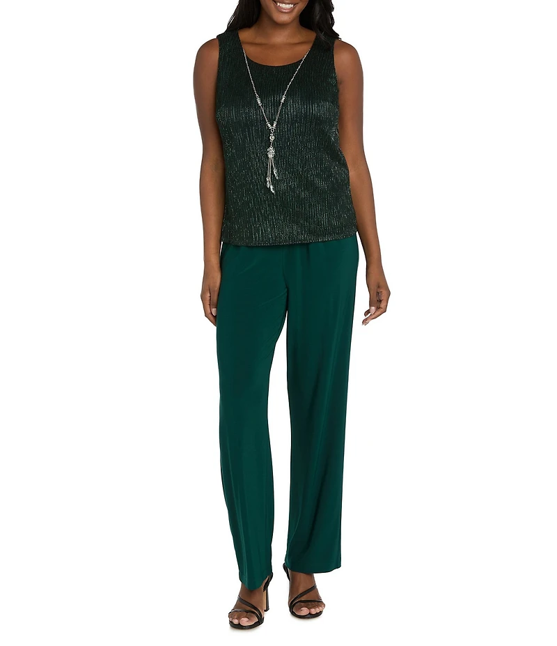 R & M Richards Petite Size Pleated Metallic Scoop Neck 3/4 Sleeve 2-Piece Pant Set