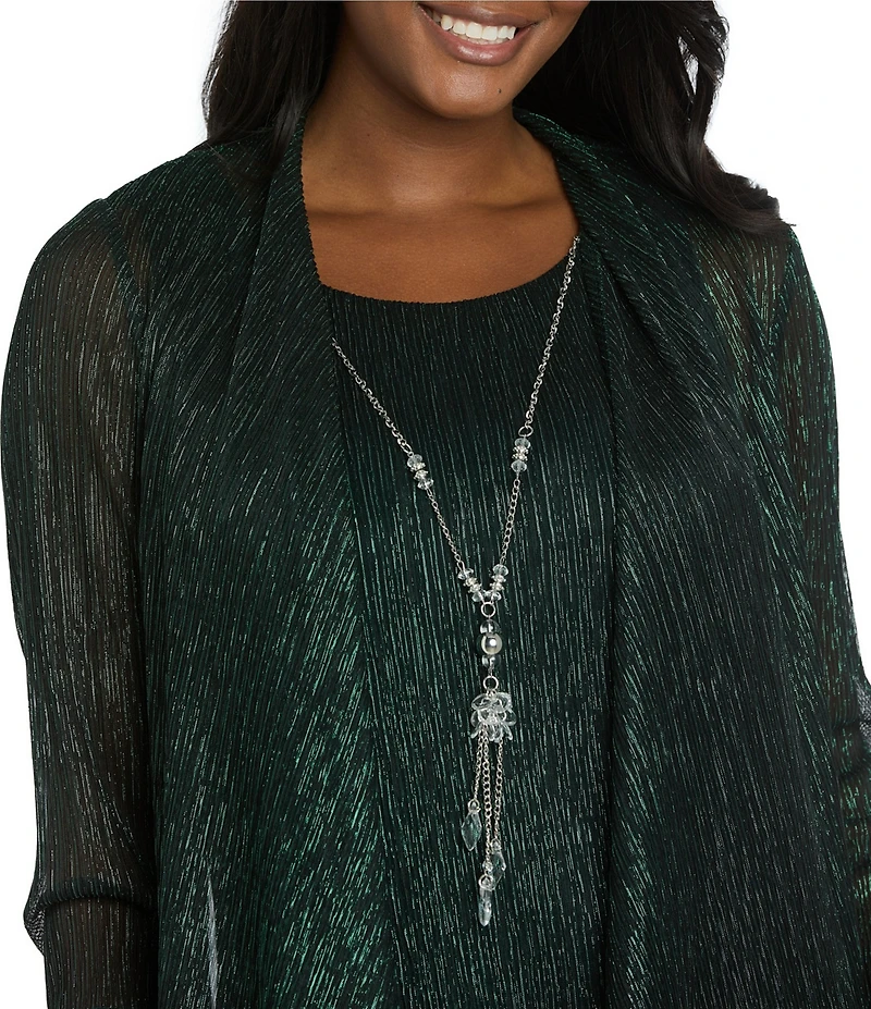 R & M Richards Petite Size Pleated Metallic Scoop Neck 3/4 Sleeve 2-Piece Pant Set