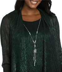 R & M Richards Petite Size Pleated Metallic Scoop Neck 3/4 Sleeve 2-Piece Pant Set