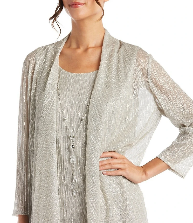 R & M Richards Petite Size Pleated Metallic Scoop Neck 3/4 Sleeve 2-Piece Pant Set