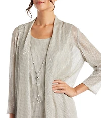 R & M Richards Petite Size Pleated Metallic Scoop Neck 3/4 Sleeve 2-Piece Pant Set