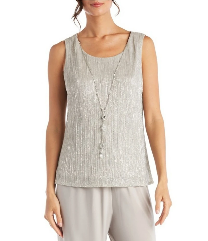 R & M Richards Petite Size Pleated Metallic Scoop Neck 3/4 Sleeve 2-Piece Pant Set
