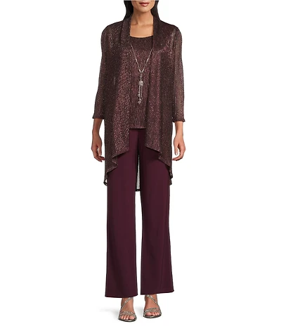 R & M Richards Petite Size Pleated Metallic Scoop Neck 3/4 Sleeve 2-Piece Pant Set